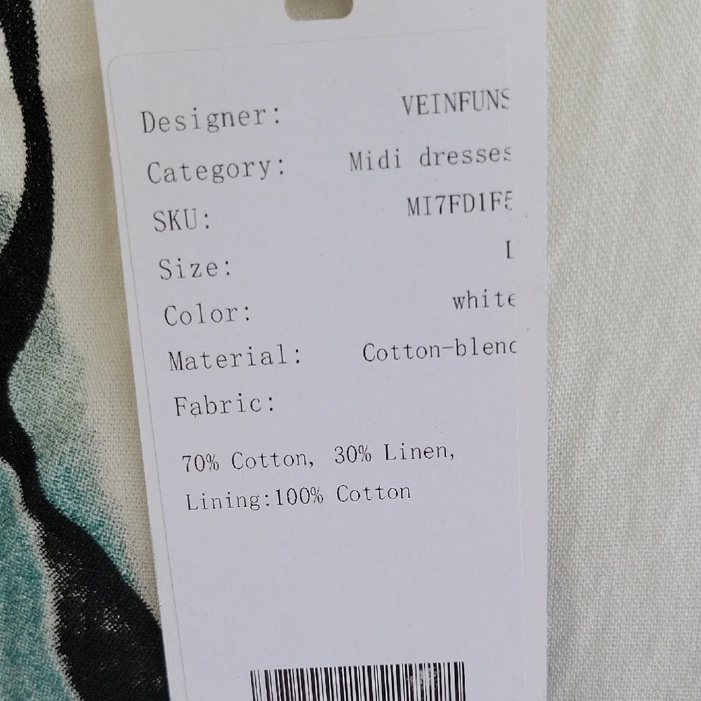 VEINFUNS Stylish White Dress Midi Linen And Cotton Short Sleeve Artsy Boho L - Picture 3 of 9
